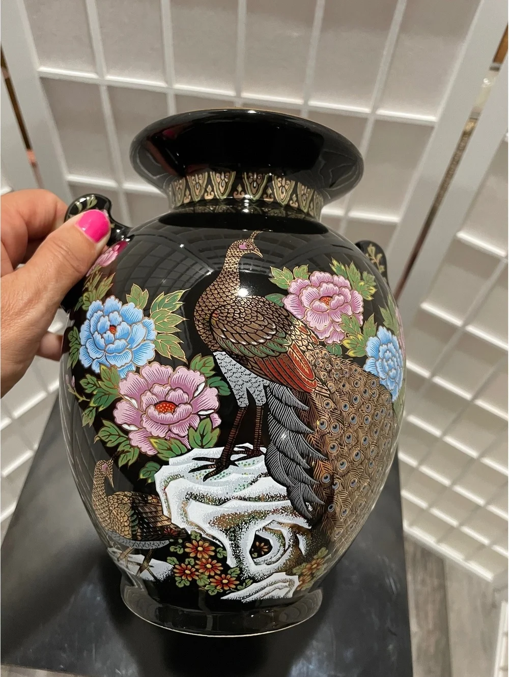 Vintage Japanese Black Ceramic Peacock and Floral Vase